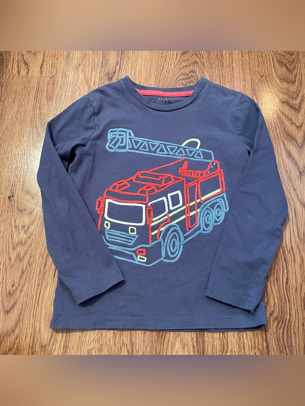 Mini Boden Boys Navy Long Sleeve Tee with 3D Colorful Fire Truck Graphic 7/8